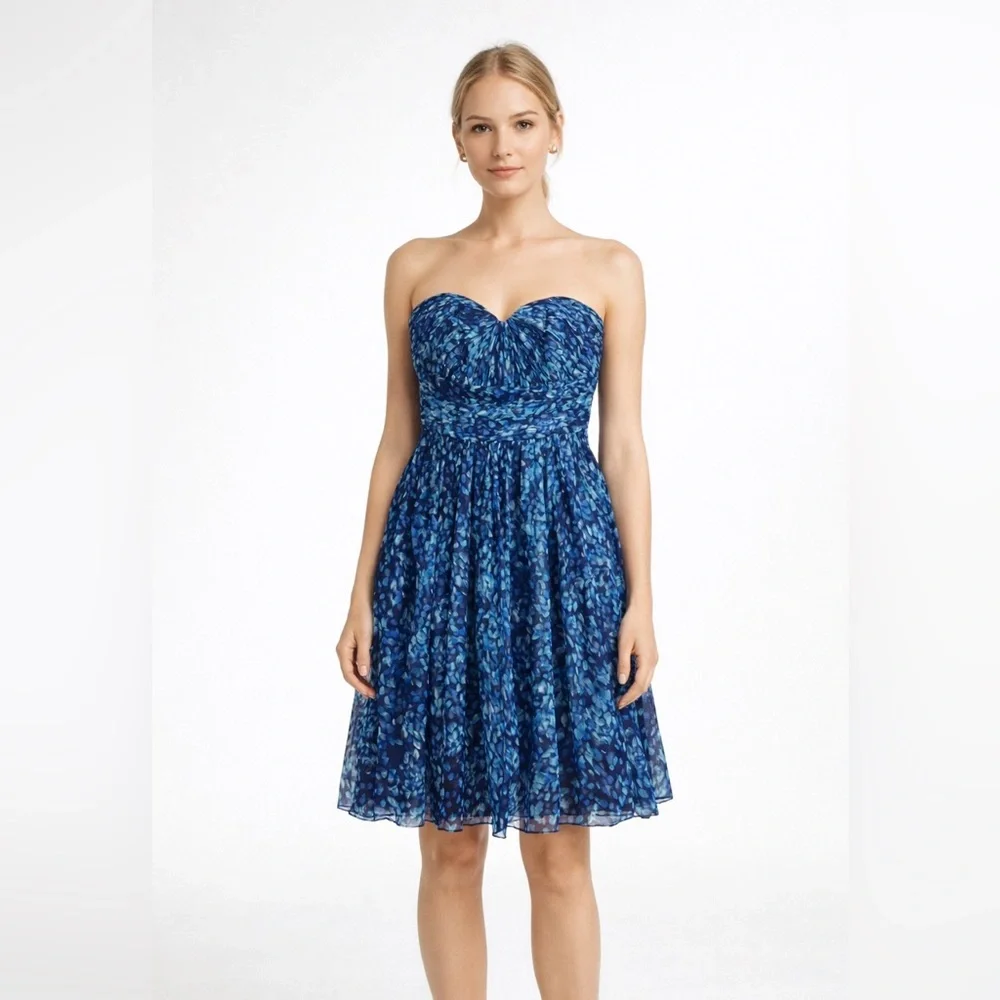 J Crew Marbella Watercolor Silk Chiffon Strapless Dress Blue Size 6 Lined
